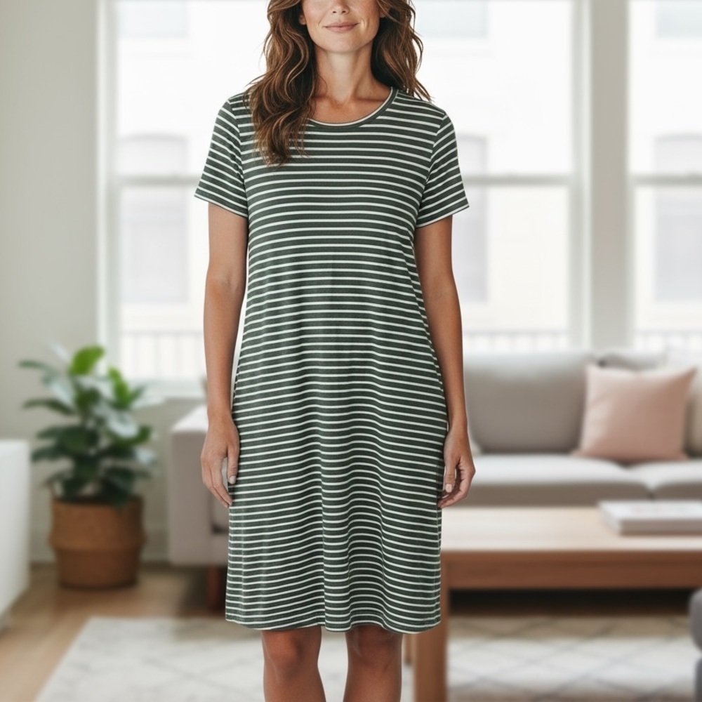 Eileen Fisher Organic Linen Green Striped Dress, New with Tags